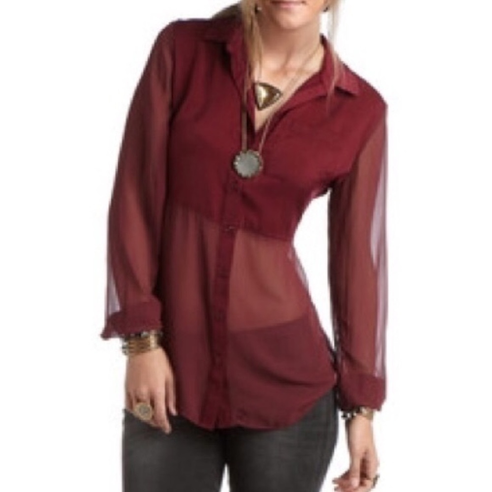🌿 Free People | Silk & Sheer Burgundy Blouse
